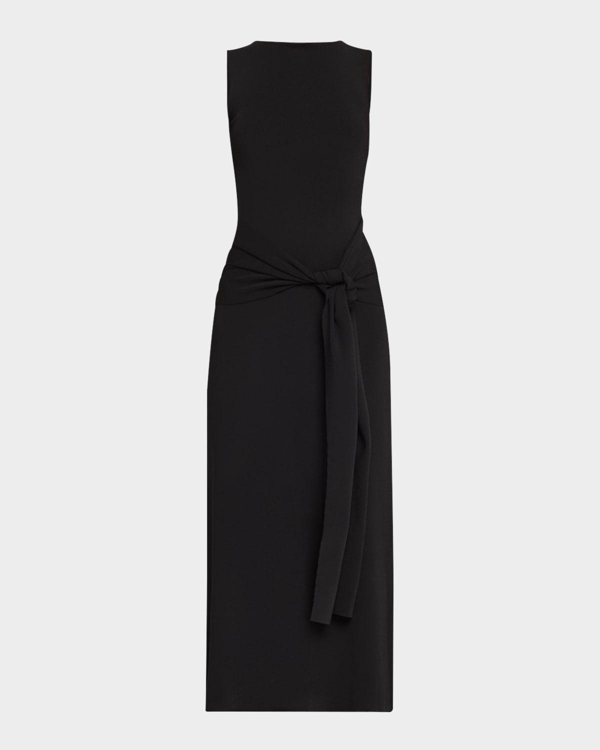 waist-tie sleeveless matte viscose midi dress