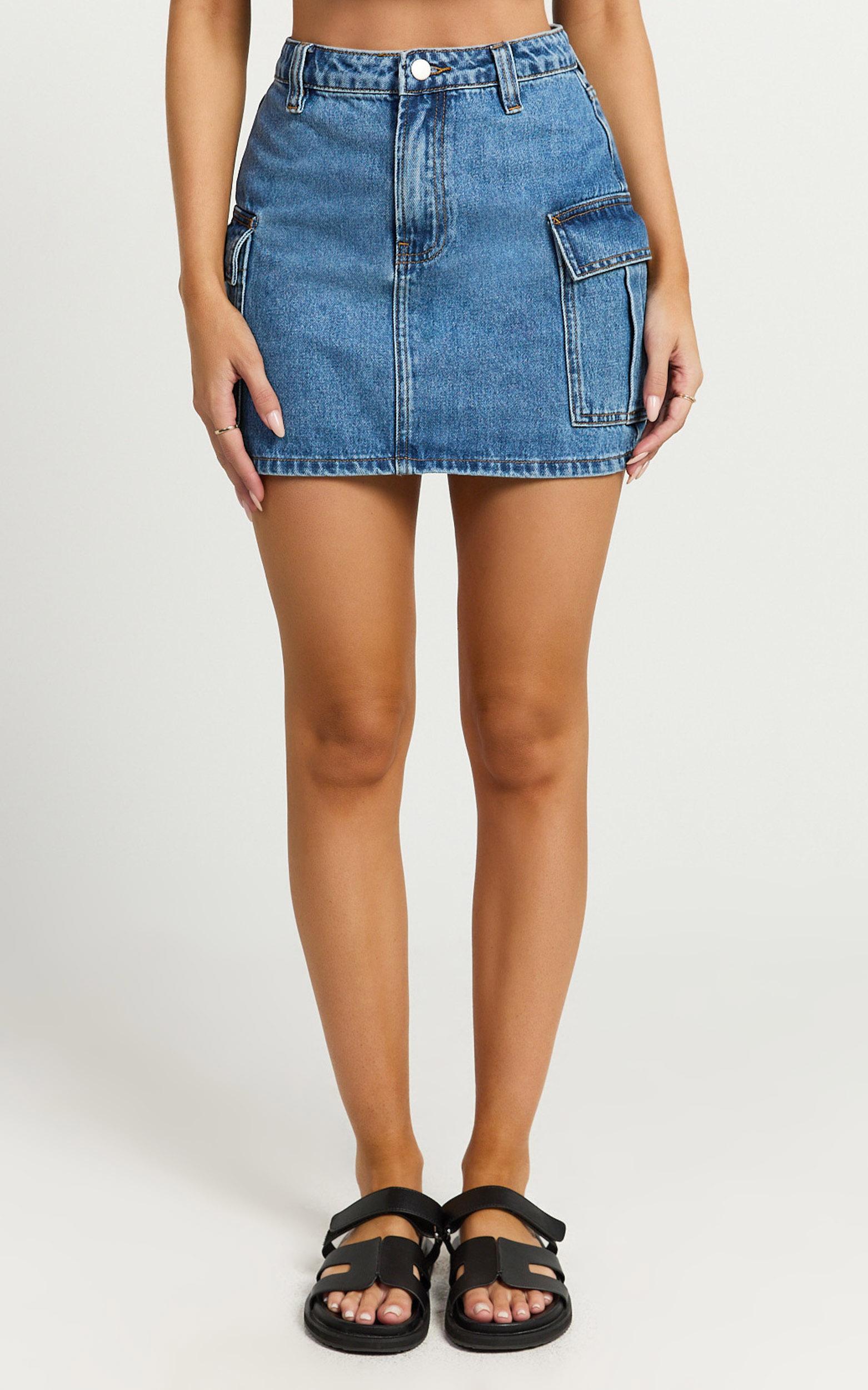 wallace mini skirt - mid waisted recycled denim utility skirt in mid blue wash