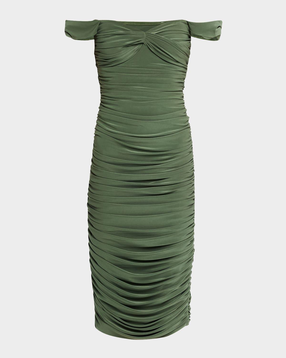 walter shirred midi dress with winglet sleeves