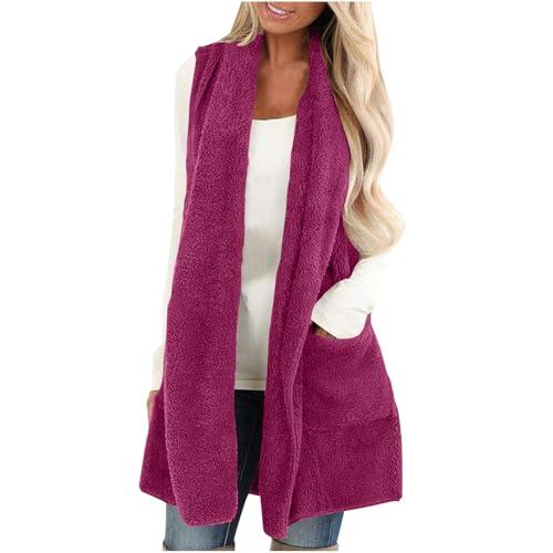 warm jackets for women, dress coats for women, pea coats for women 2024 winter fashion sleeveless cardigan tops fleece long coat with pockets outerwear, hot pink,x-large