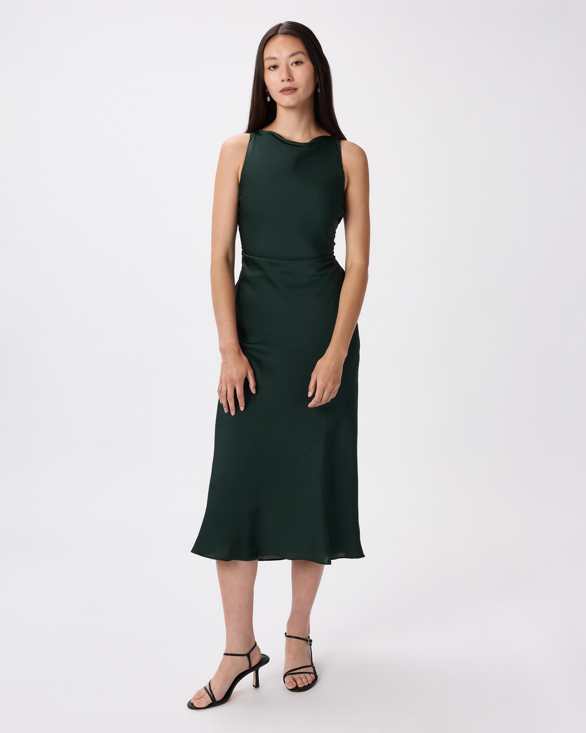 washable stretch silk high neck midi dress