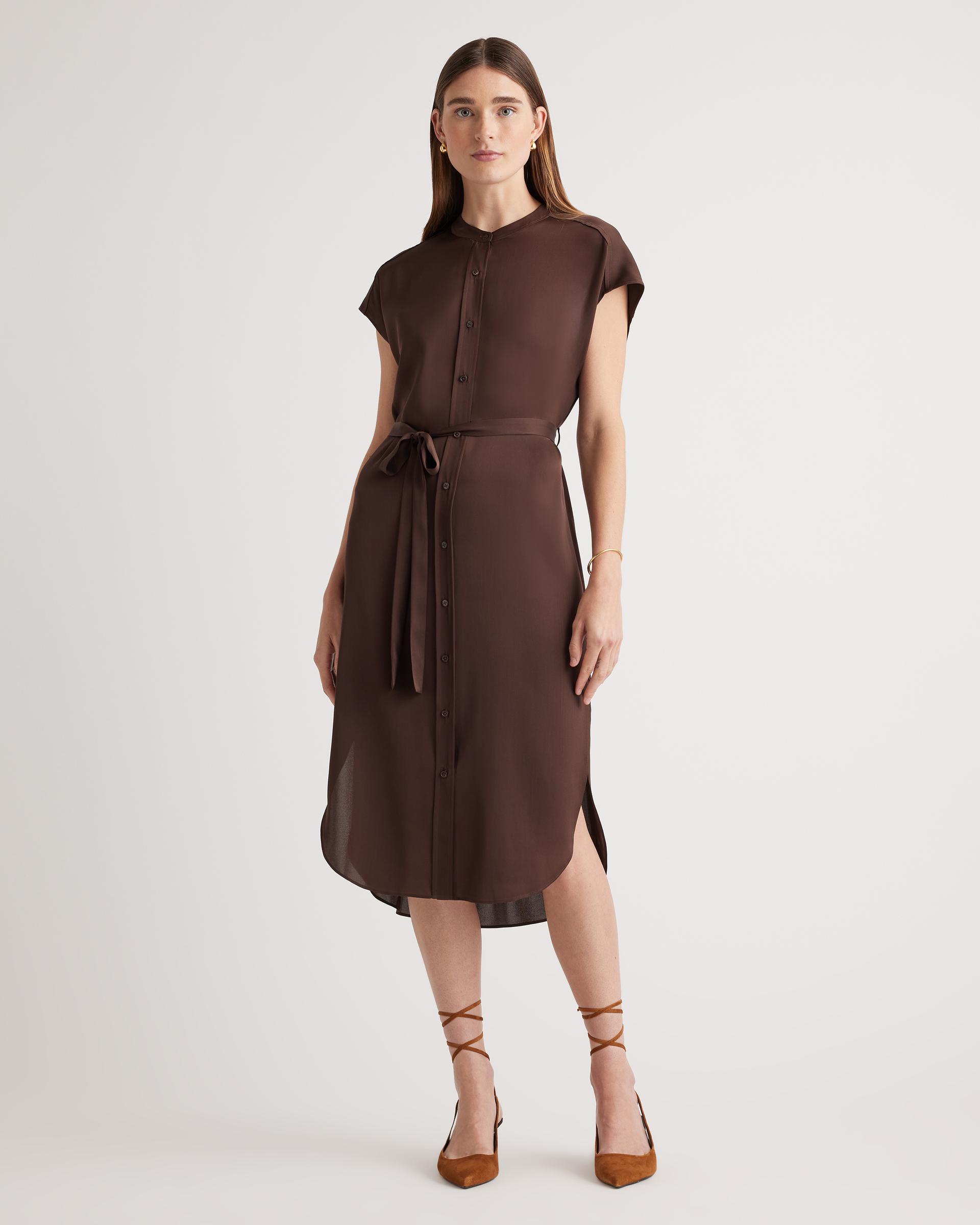 washable stretch silk midi shirt dress