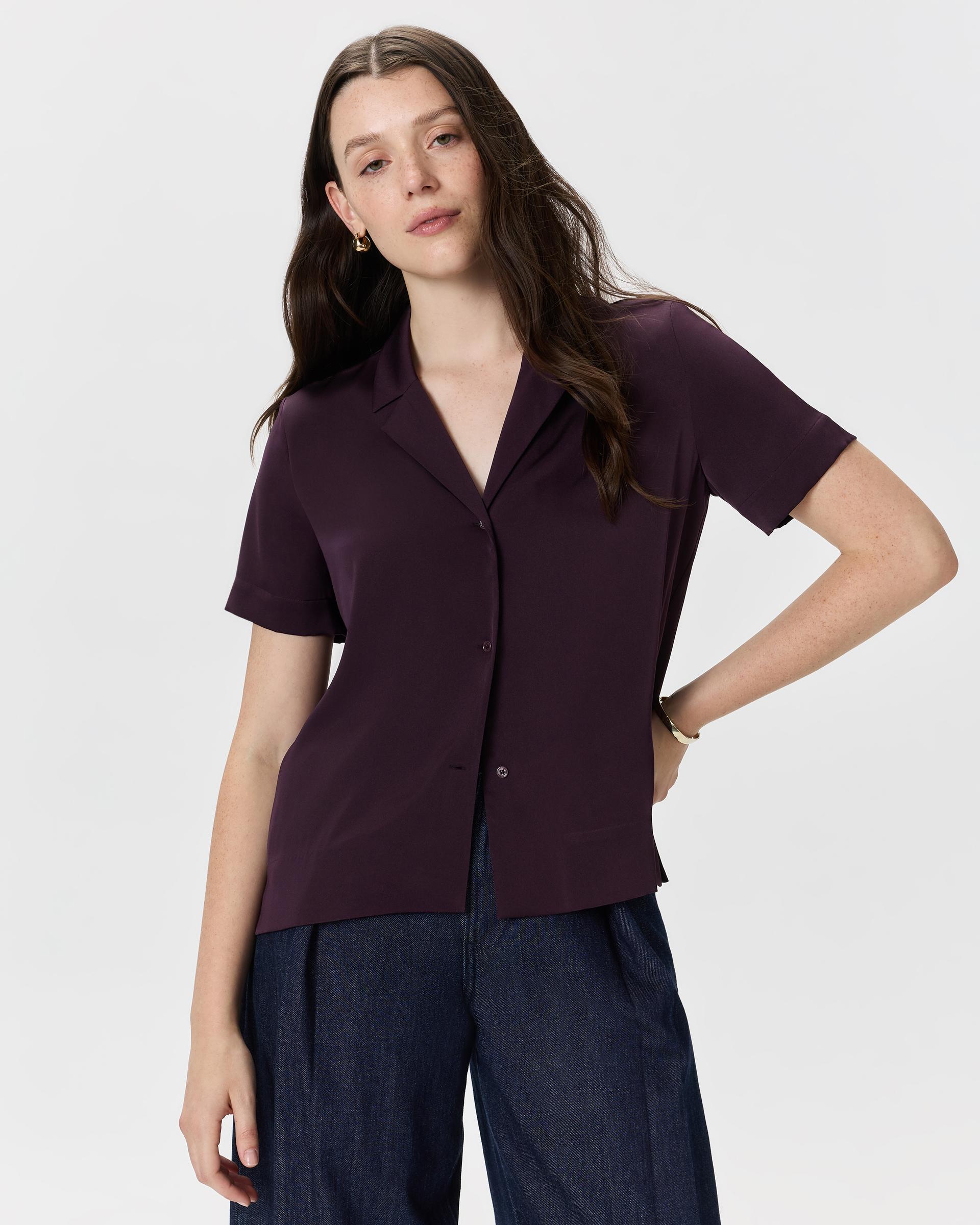 washable stretch silk short sleeve notch collar blouse