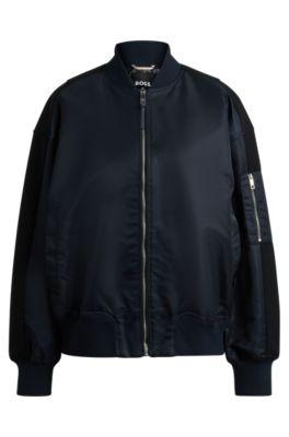 water-repellent bomber jacket with zipped sleeve pocket- dark blue women's casual jackets