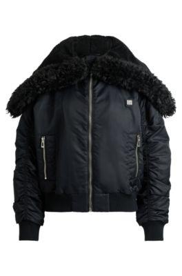 water-repellent bomber jacket with zipped teddy-lined hood- black women's casual jackets