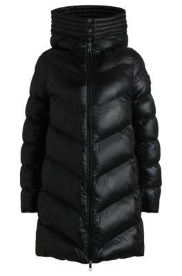 water-repellent padded parka jacket with polished trims- black women's casual jackets