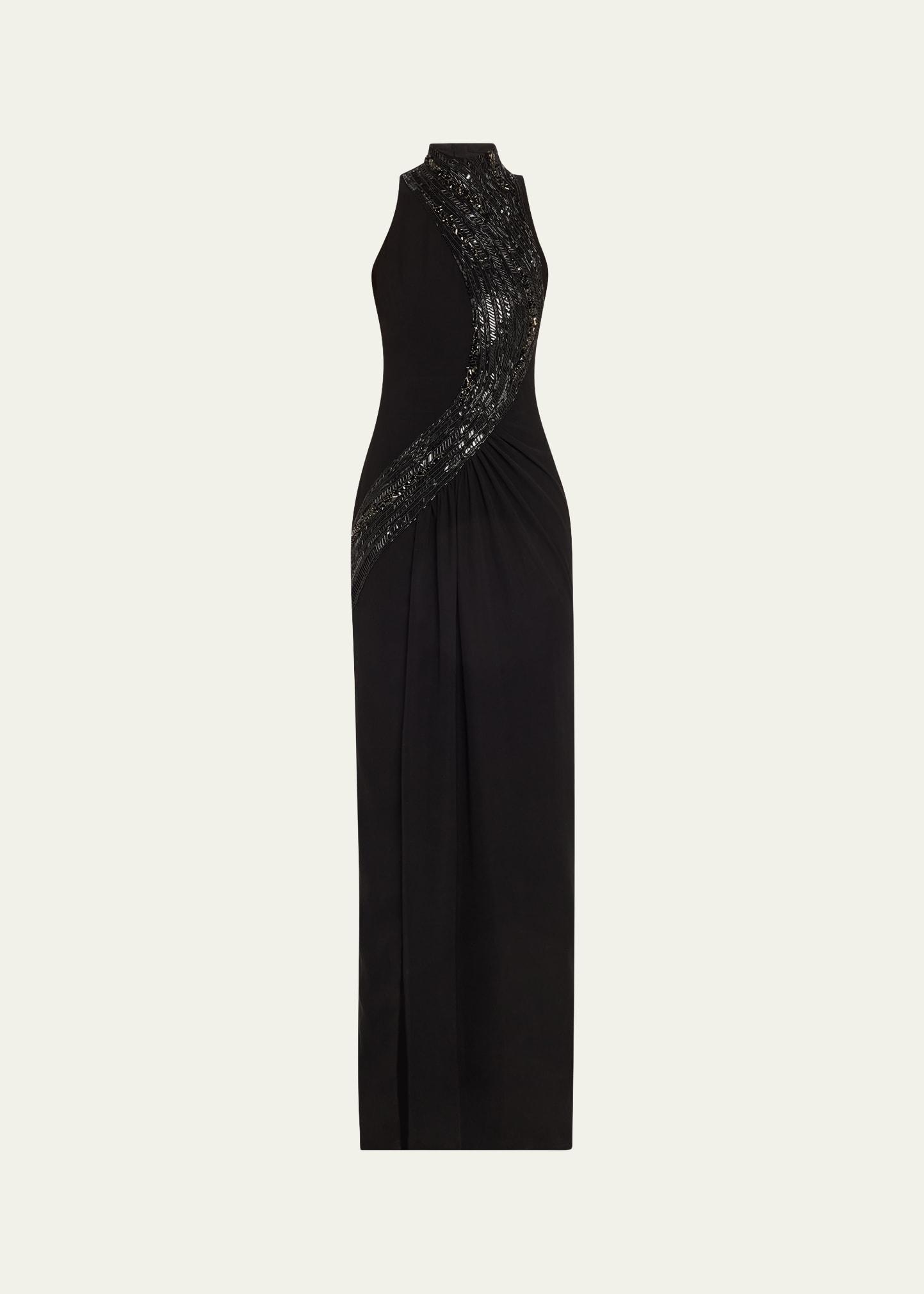 wave crystal embroidered slit gown