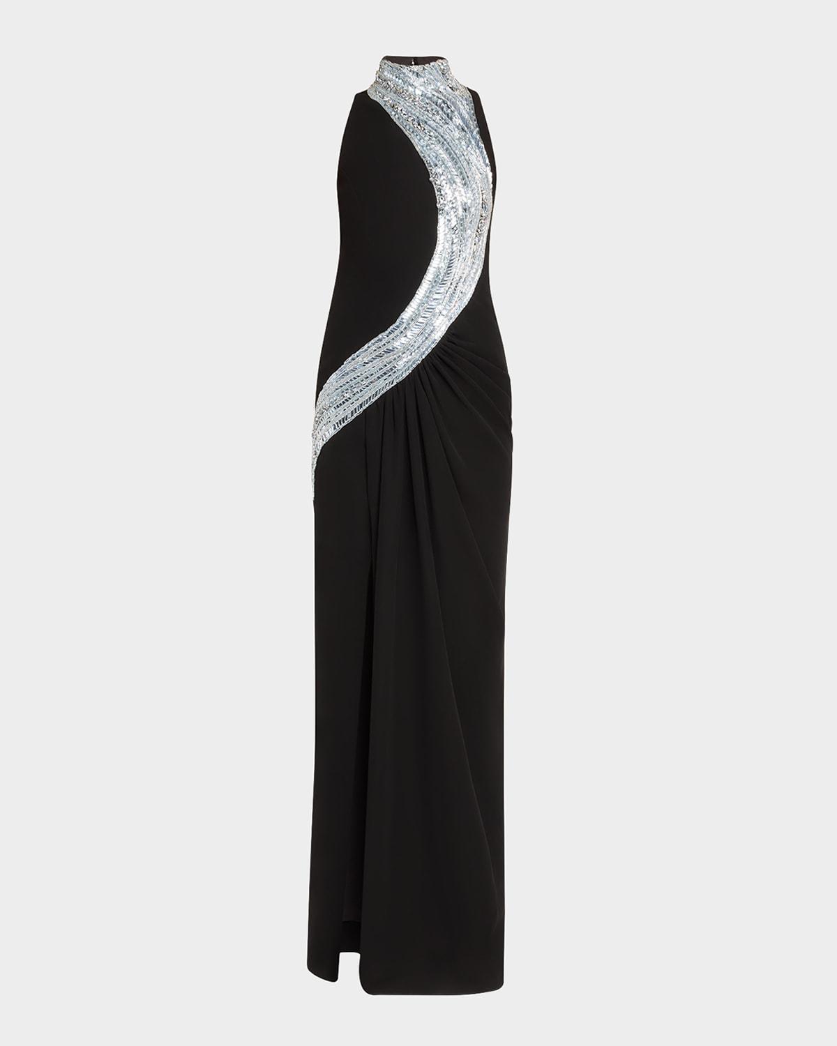 wave crystal embroidered slit gown