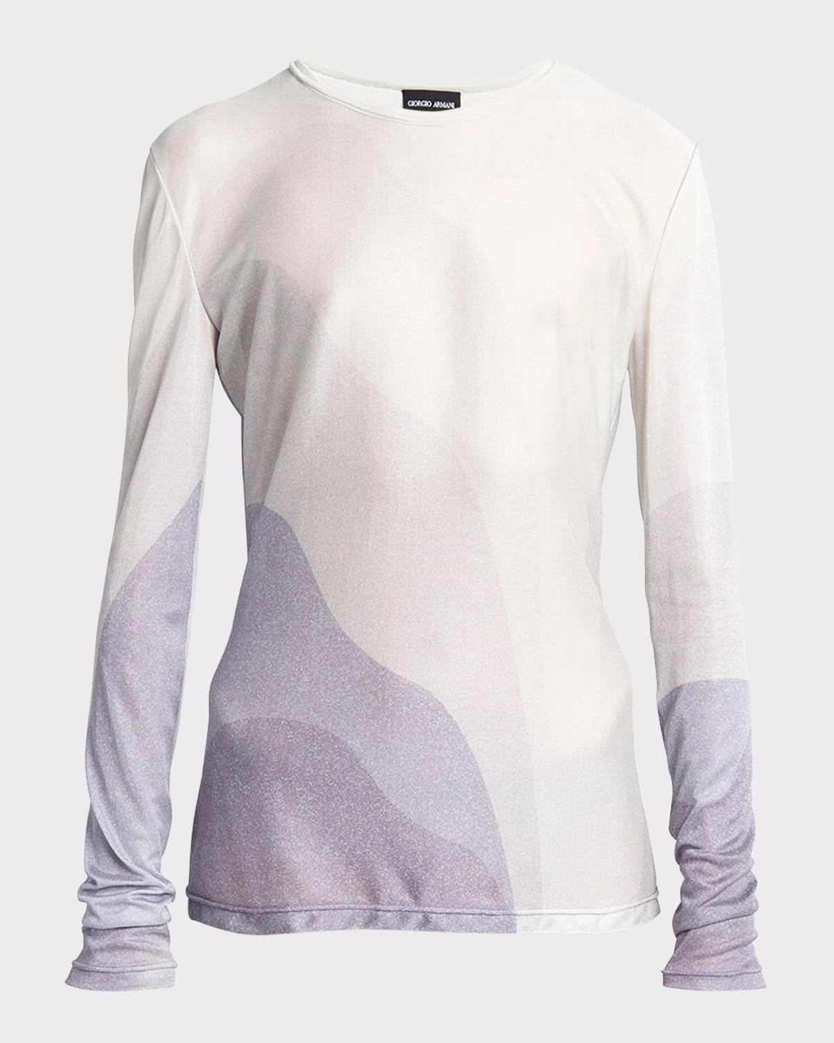 wave-print long-sleeve metallic silk jersey knit top