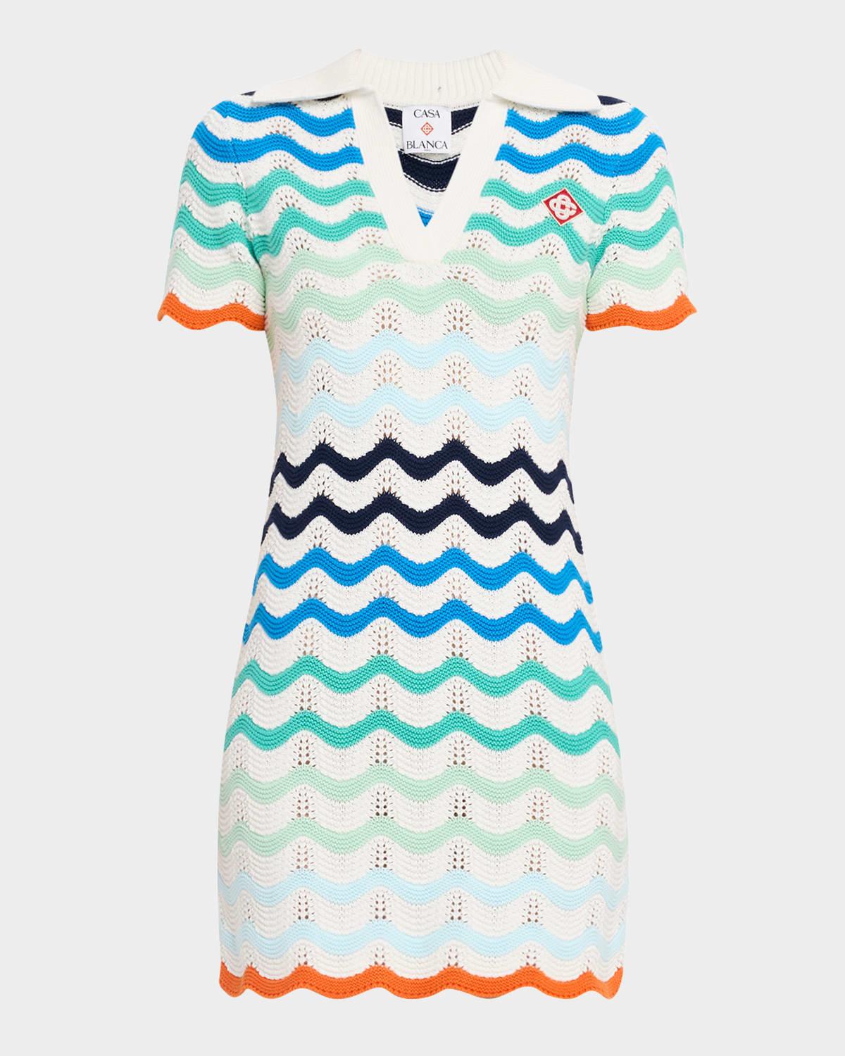 wavy crochet knit mini polo dress