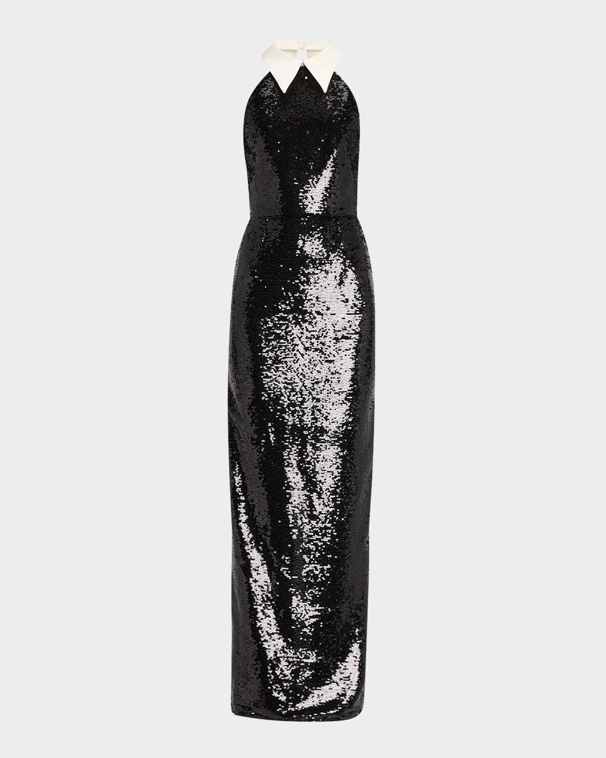 wednesday collared sequin column gown