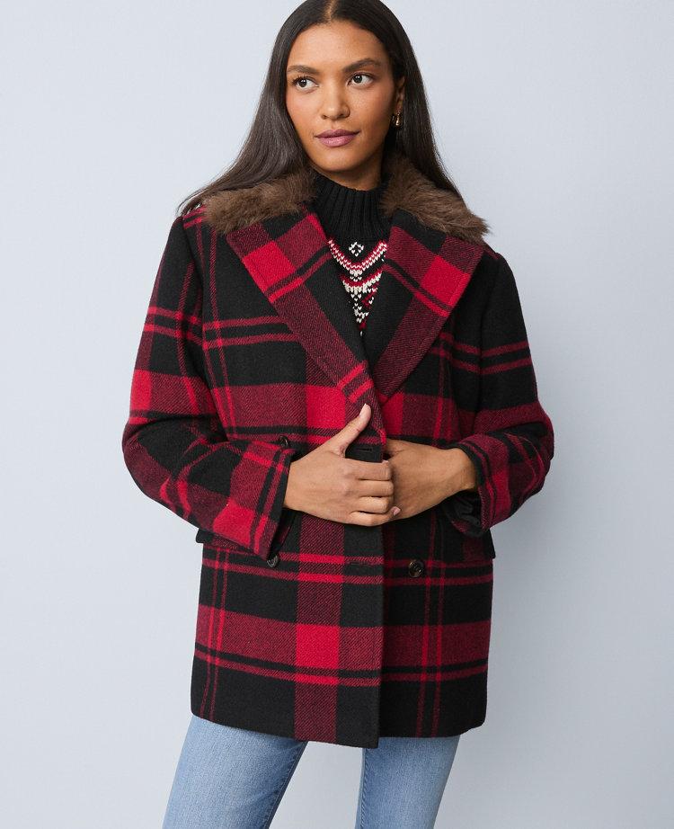weekend collection plaid faux fur trimmed peacoat