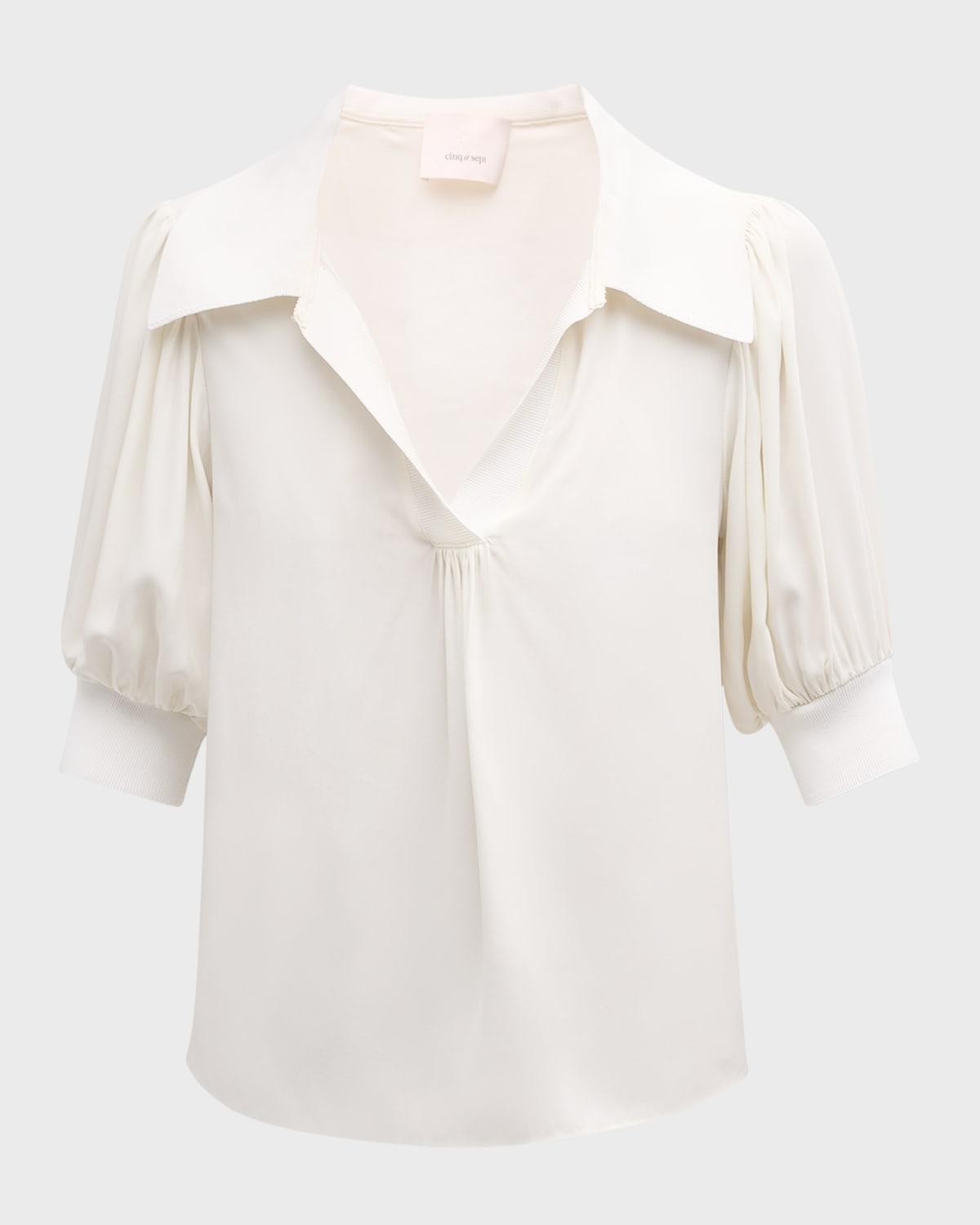 weldon collared v-neck short-sleeve silk combo top
