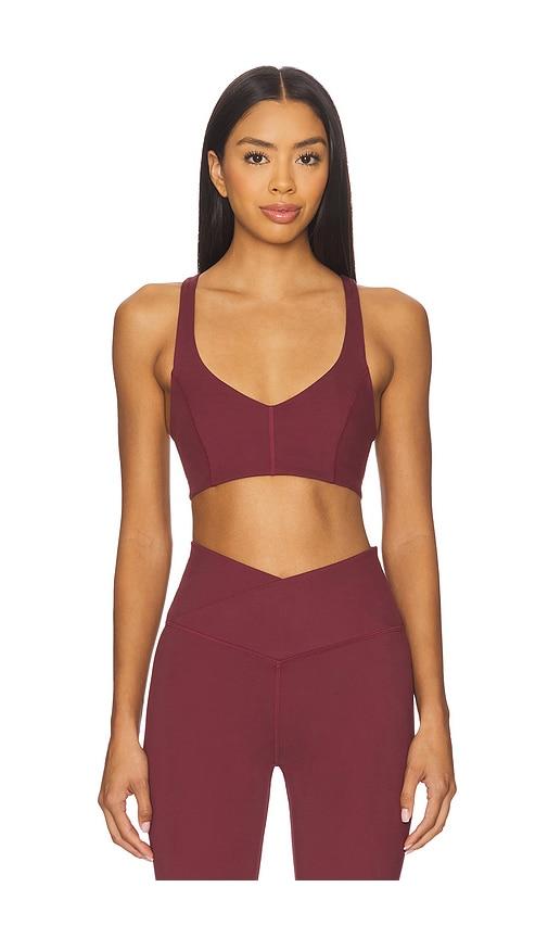 wellbeing + beingwell flowwell lexie sports bra in burgundy.