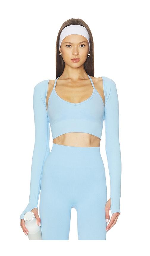 wellbeing + beingwell perrie seamless shrug in baby blue.