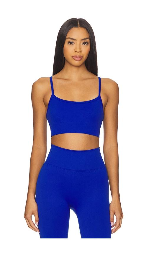 wellbeing + beingwell stretchwell emery sports bra in blue.
