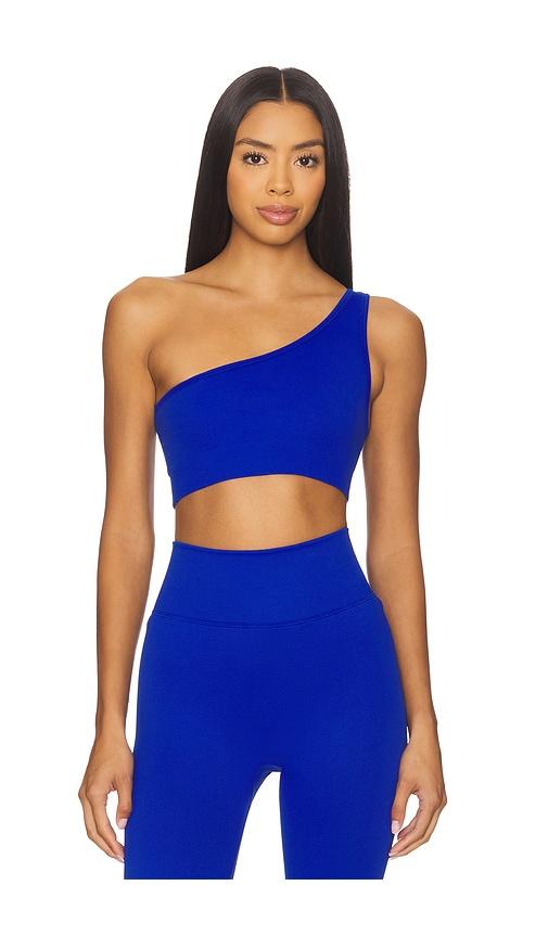 wellbeing + beingwell stretchwell jade sports bra in blue.