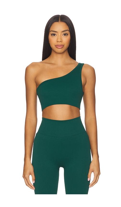 wellbeing + beingwell stretchwell jade sports bra in green.