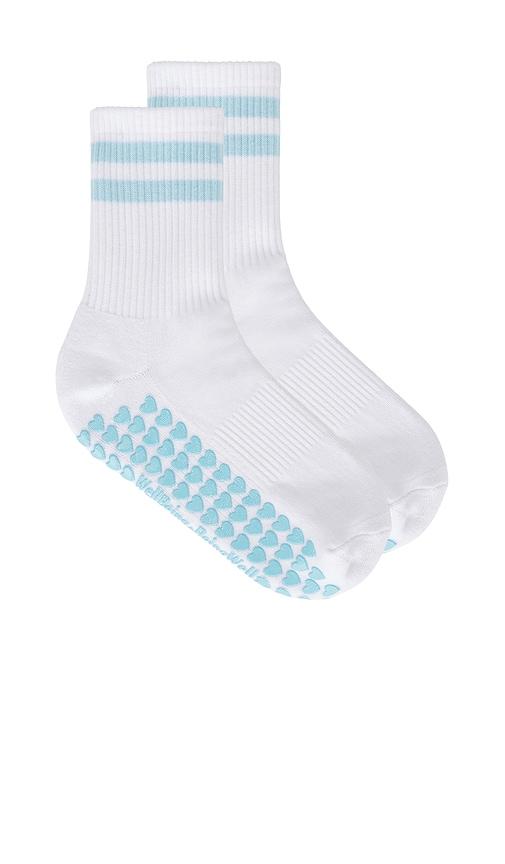 wellbeing + beingwell striped half crew grip sock in white.
