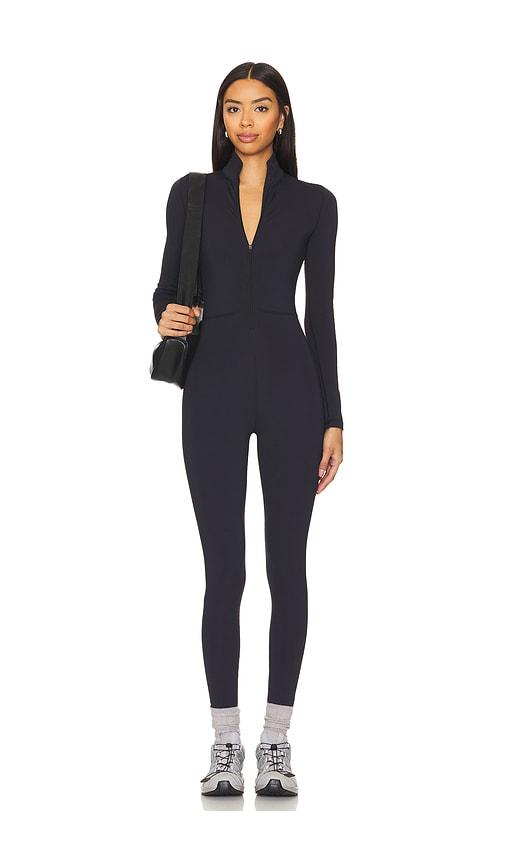 wellbeing + beingwell warmwell olivos zip up jumpsuit in black.