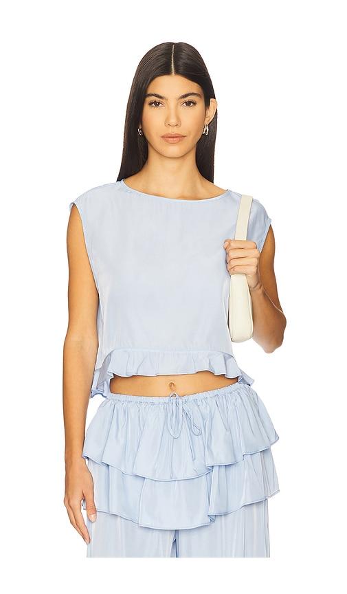 weworewhat boat neck ruffle top in blue.