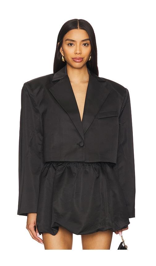 weworewhat cropped satin blazer in black.