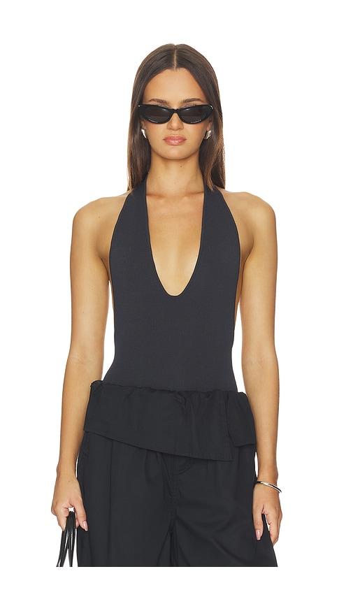 weworewhat deep v bodysuit in black.