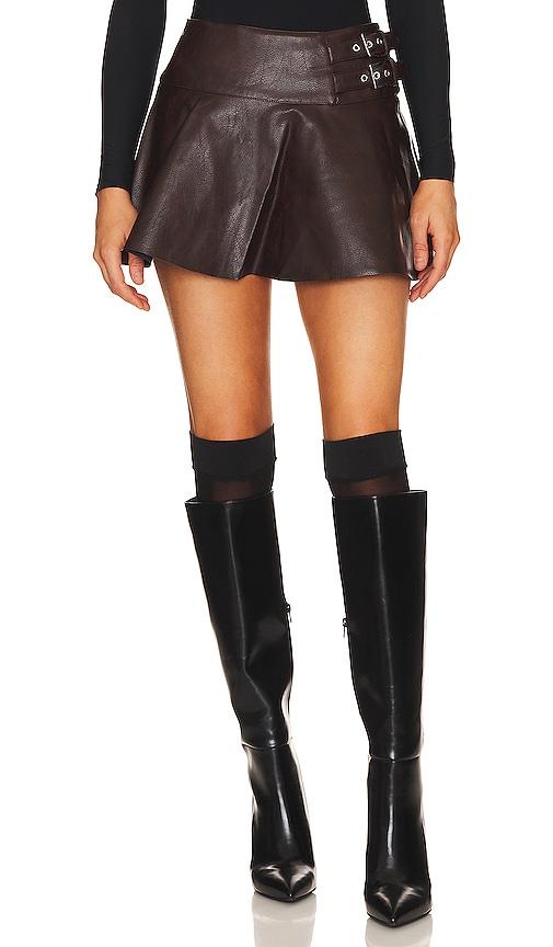 weworewhat faux leather buckle mini skort in brown.