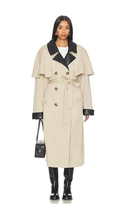 weworewhat faux leather trim trench coat in tan.