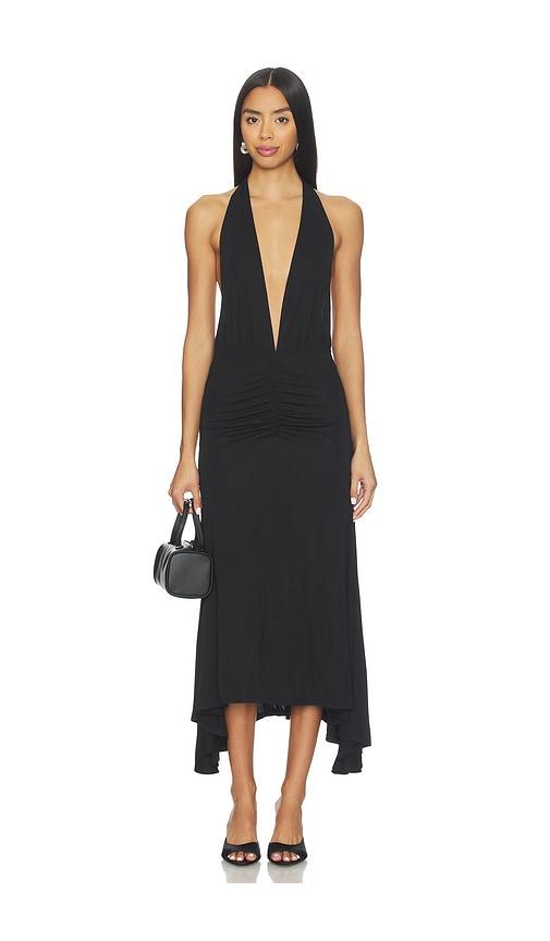 weworewhat halter midi dress in black.