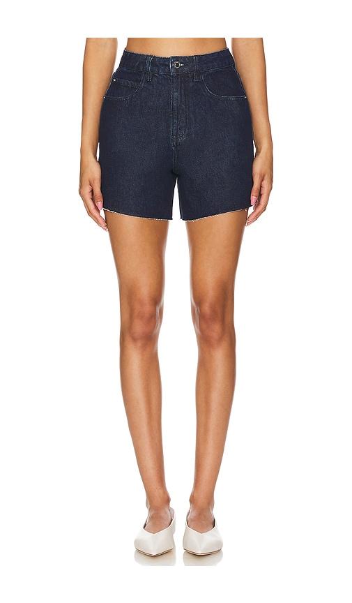 weworewhat high rise flare short in undone wash in denim-dark.