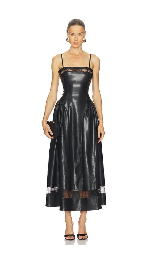 weworewhat lace panel corset midi dress in black.
