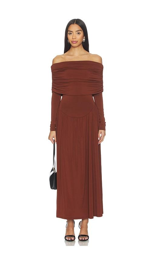 weworewhat off shoulder ruched midi dress in burgundy.