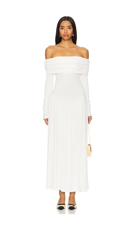 weworewhat off shoulder ruched midi dress in ivory.