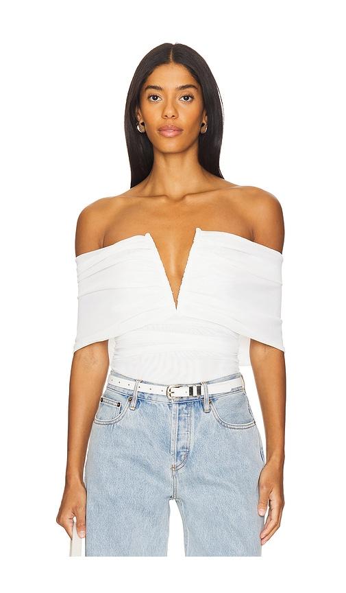 weworewhat ruched off shoulder bodysuit in ivory.