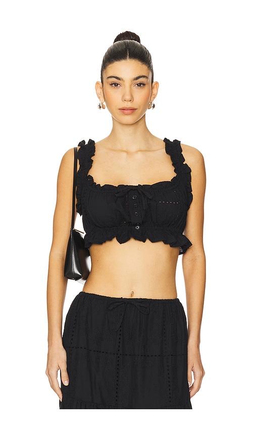 weworewhat ruffle button crop top in black.