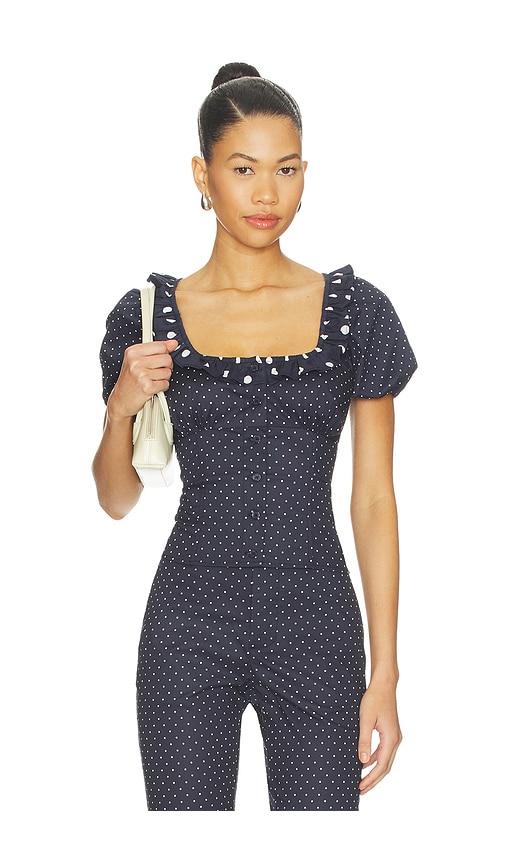weworewhat ruffle button up top in navy.