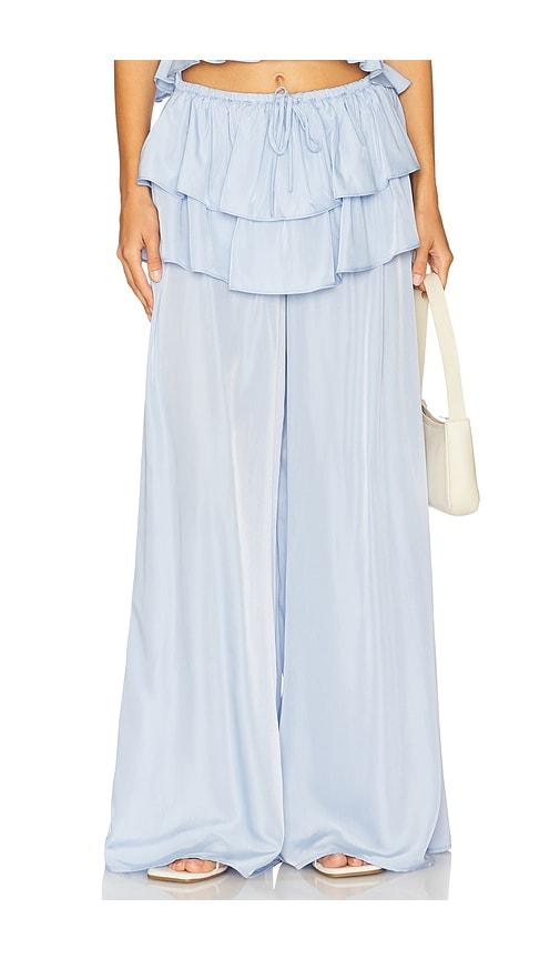 weworewhat ruffle waist flare pant in blue.