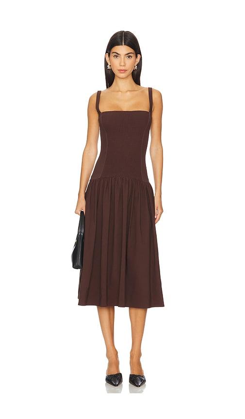 weworewhat smocked drop waist midi dress in brown.