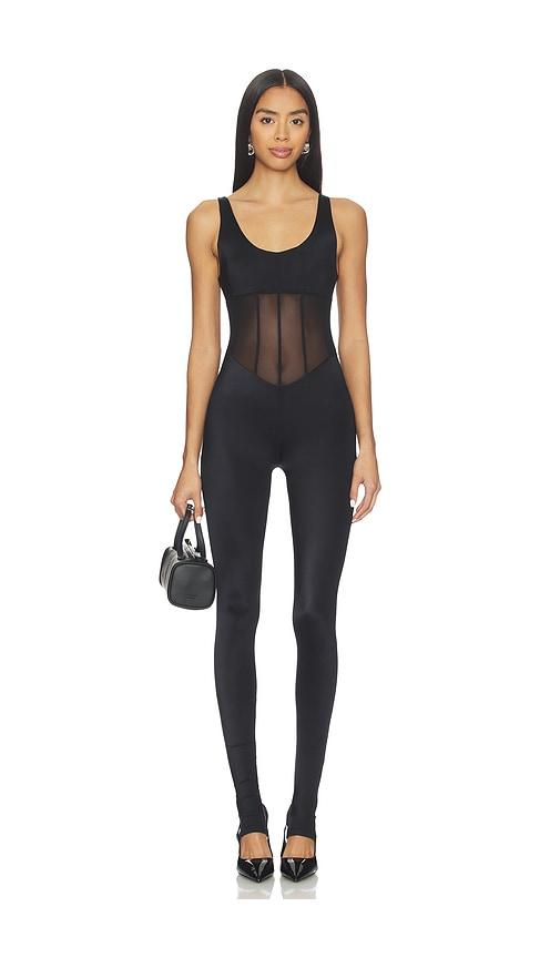 weworewhat spandex sheer panel jumpsuit in black.