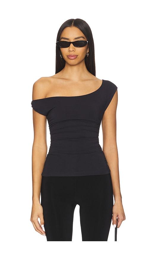 weworewhat twisted off the shoulder top in black.