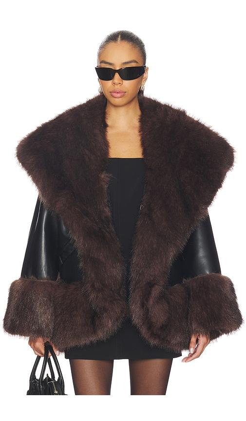 weworewhat x revolve cocoon faux fur jacket in black,brown.