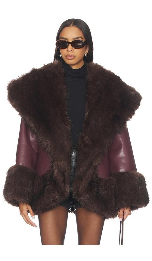 weworewhat x revolve cocoon faux fur jacket in burgundy.