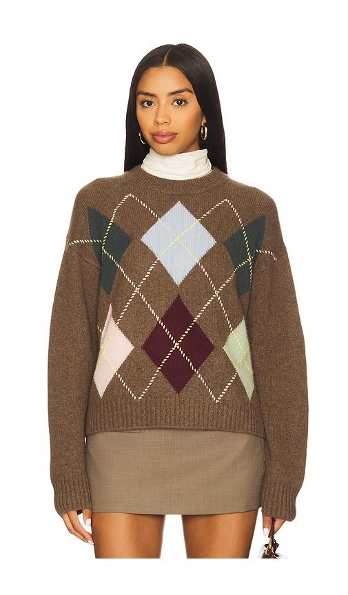 white & warren cashmere argyle crew sweater in brown.