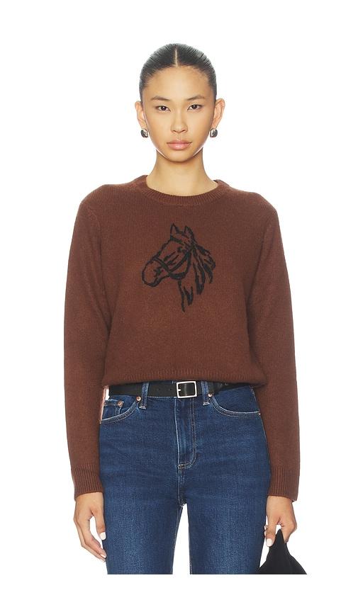 white & warren cashmere blend horse embroidered crew sweater in brown.