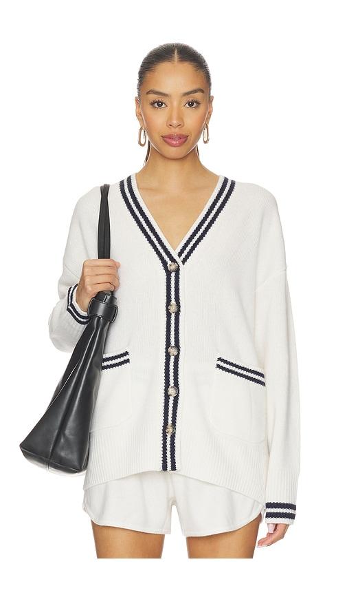 white & warren cashmere varsity cardigan in white,black.