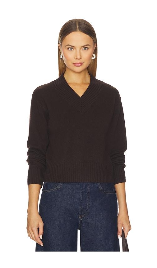 white & warren cashmere wide rib trim vneck top in black.