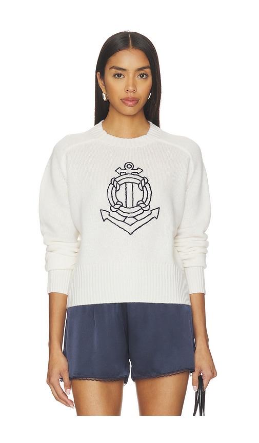 white & warren featherweight cashmere nautical embroidered sweater in white.