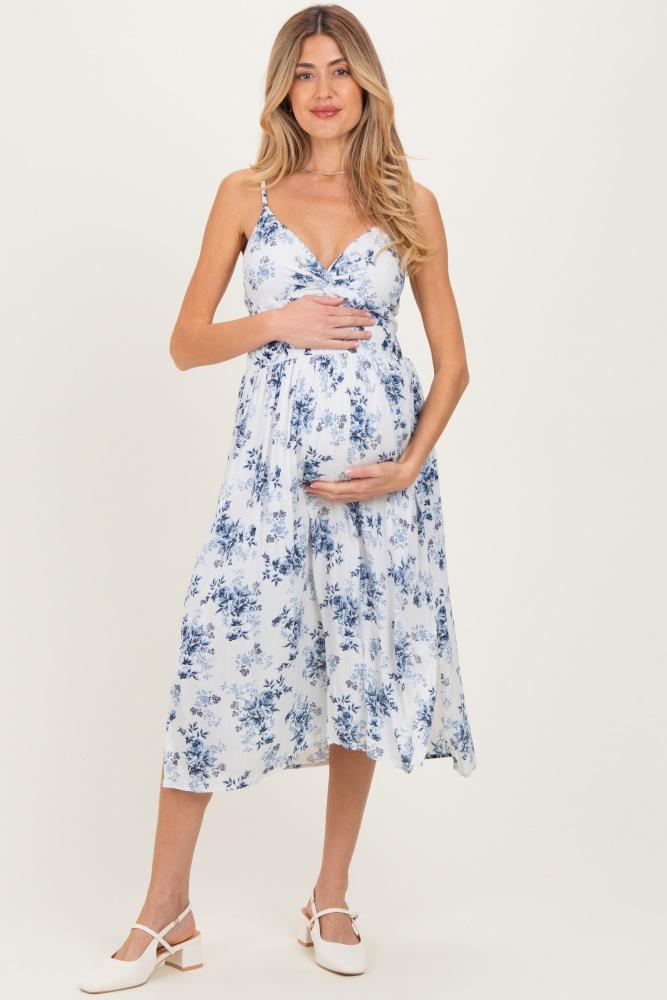 white blue floral twisted front maternity midi dress
