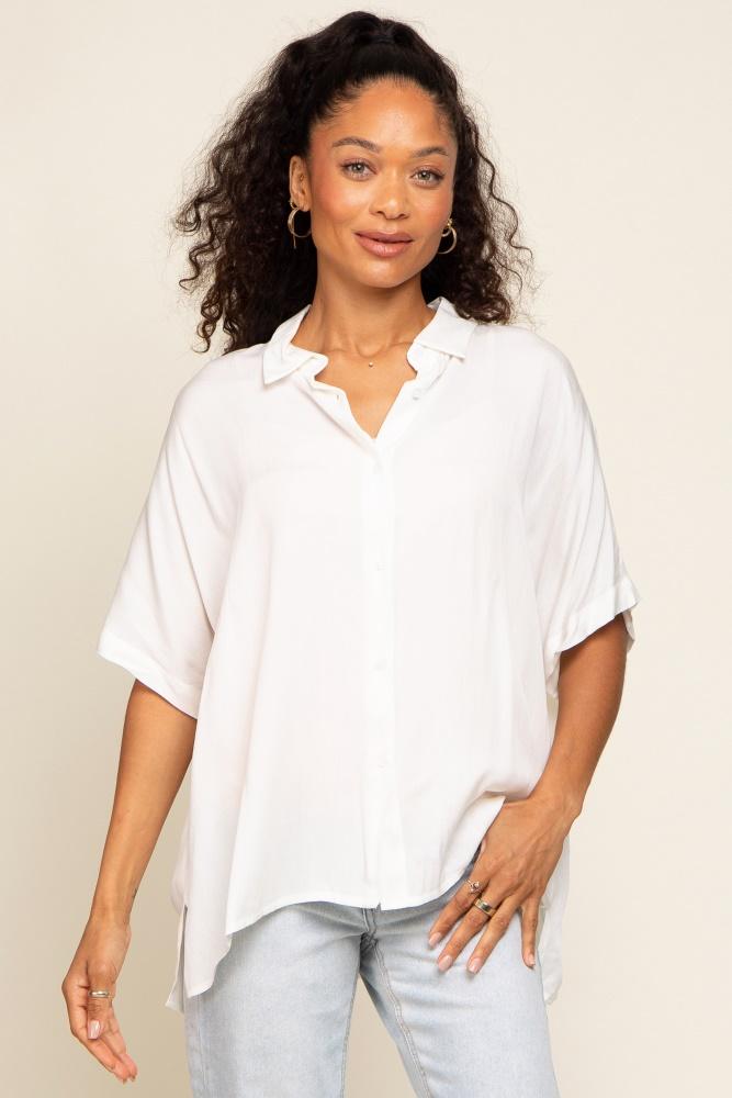 white button up dolman short sleeve top